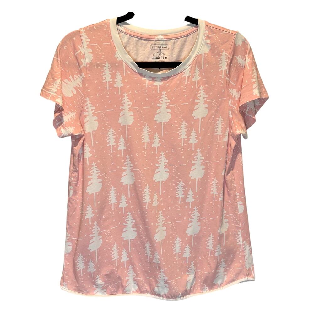Duffield Lane Leland Gal Pink & White Short Sleeve Tree Print Tee - size Medium